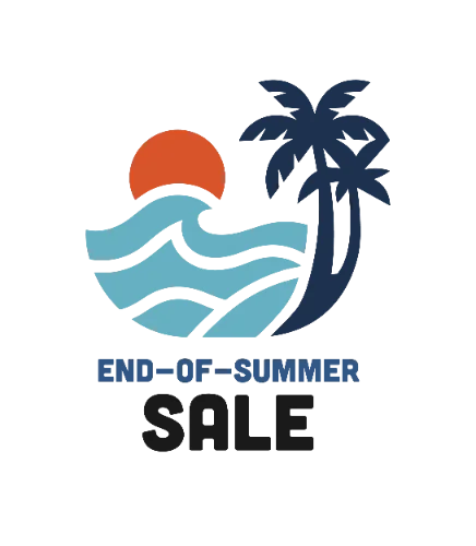 Logo featuring an orange sun, turquoise waves, and a blue palm tree with blue text underneath.